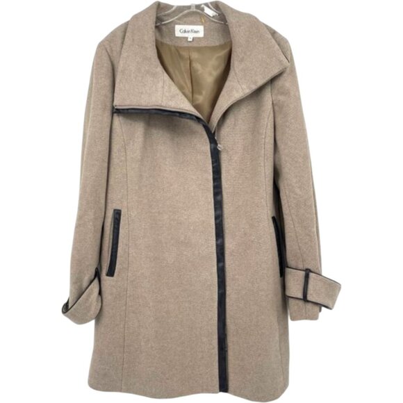 Calvin Klein Side Zip Funnel Neck Wool Coat Beige Size 12 - Picture 1 of 11